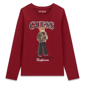 Детска блуза Guess в бордо с дълъг ръкав и мече в леопардово яке