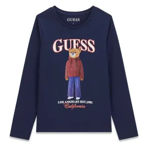 Детска блуза Guess в тъмносино с дълъг ръкав и мече в шушляково яке
