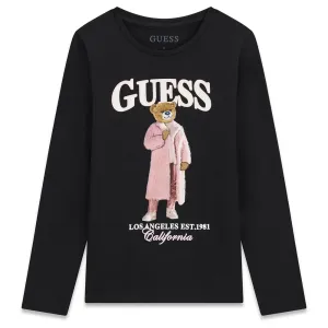 Детска блуза Guess в черно с дълъг ръкав и мече в розово палто