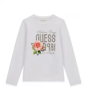 Детска памучна блуза Guess с винтидж лого принт и красиви рози