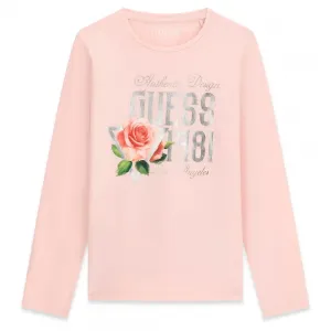 Детска памучна блуза Guess с бляскав принт и рози в пастелно розов цвят