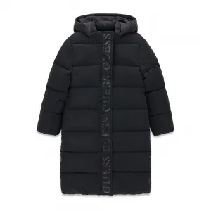 Дълго детско зимно яке в черно с качулка и лого лента Guess