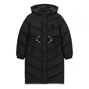 Детско дълго зимно яке Guess с качулка и колан в класическо черно