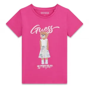 Цикламена тениска за момиче с цветно мече и розов надпис Guess