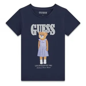Тъмносиня тениска за момиче с цветно мече и сив надпис Guess