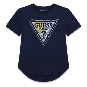 Тъмносиня асиметрична свободна тениска за момиче с цветно лого Guess