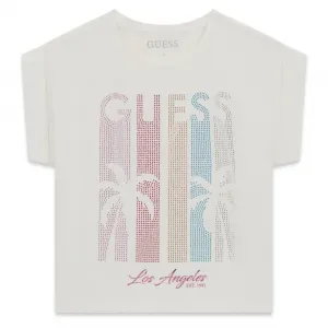 Тениска в бял цвят за момиче с цветни камъни Guess