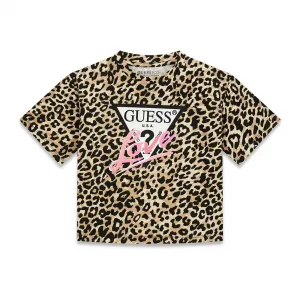Тениска с леопардов принт за момиче с лого Guess Love