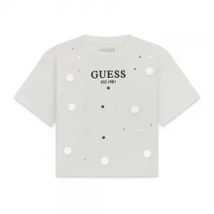 Свободна тениска за момиче в бял цвят с пайети и надпис Guess