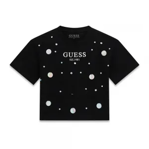 Свободна тениска за момиче в черен цвят с пайети и надпис Guess