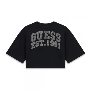 Черна къса тениска за момиче с камъни и кристали Guess