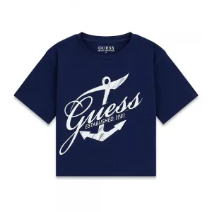 Синя тениска за момиче с бяла щампа и надпис Guess