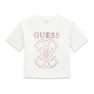 Бяла свободна тениска за момиче с розово лого Guess