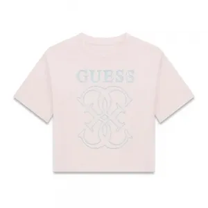 Розова свободна тениска за момиче със сребристо лого Guess