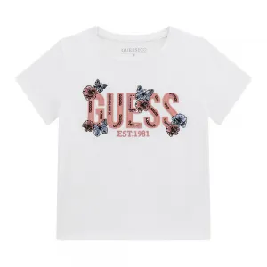 Бяла тениска с розов надпис с пайети и пеперуди Guess за момиче