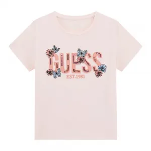 Розова тениска с розов надпис с пайети и пеперуди Guess за момиче