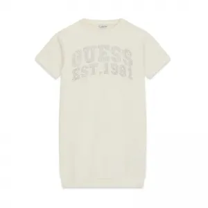 Памучна рокля къс ръкав за момиче в мръсно бяло с надпис Guess от кристали 