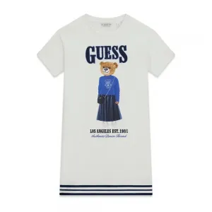 Бяла рокля с къс ръкав за момиче със сини детайли и цветно мече Guess