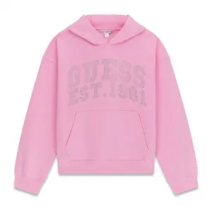 Суичър без цип за момиче с розов цвят с кристален надпис Guess