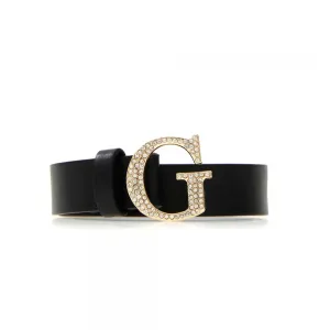 Черен колан за момиче със златиста тока G покрита с камъни Guess