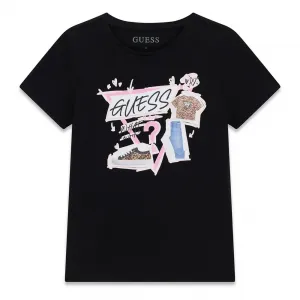Тениска за момиче в черен цвят с цветни щампи Guess