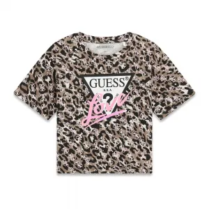 Леопардова тениска с къс и широк дизайн за момиче с лого Guess Love