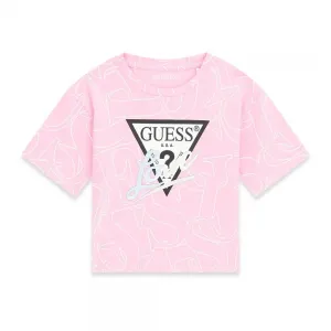 Розова тениска с къс и широк дизайн за момиче с бели детайли и лого Guess Love