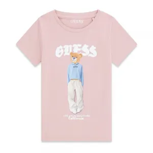 Розова тениска за момиче с цветно мече и бял надпис Guess