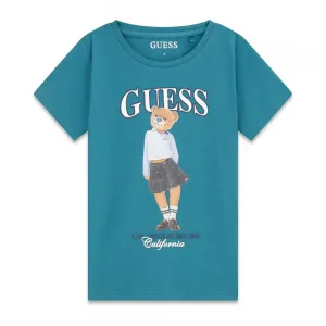 Синьо-зелена тениска за момиче с цветно мече и бял надпис Guess