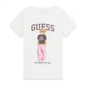 Бяла тениска за момиче с цветно мече и черен надпис Guess
