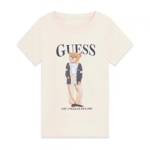 Бежова тениска за момиче с цветно мече и черен надпис Guess