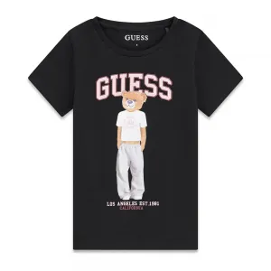 Черна тениска за момиче с цветно мече и розов надпис Guess