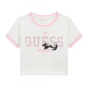 Детска кроп тениска Guess Eco с коте – Бяла с розови детайли