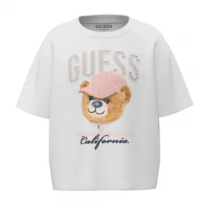 Бяла къса тениска за момиче с кристален надпис Guess и сладко мече