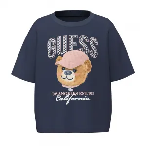 Тъмносиня къса тениска за момиче с кристален надпис Guess и сладко мече