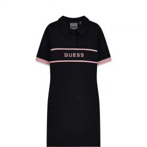 Плетена рокля за момиче в черен цвят с розови детайли и надпис Guess