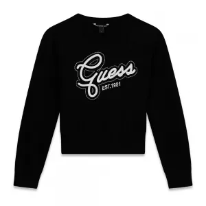 Черен пуловер за момиче с голям бял бродиран надпис Guess и камъчета