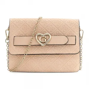 Малка елегантна чанта през рамо в бледо розов цвят със сърце Guess
