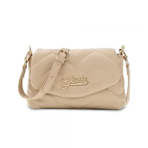Бежова кожена чанта през рамо за момиче с капаче и златист надпис Guess