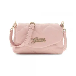 Розова кожена чанта през рамо за момиче с капаче и златист надпис Guess