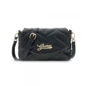 Черна кожена чанта през рамо за момиче с капаче и златист надпис Guess