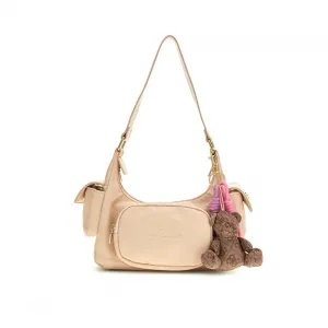 Чанта за рамо в бежов цвят за момиче с ципове и мече Guess