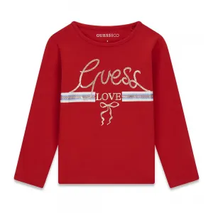 Детска памучна блуза Guess с калиграфско лого и морски въжета в червено