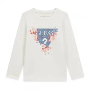 Детска памучна блуза Guess с бляскаво триъгълно лого и нежни рози