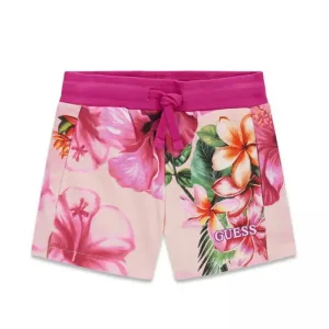 Памучни спортни панталони за мини момиче в цикламено с цветя Guess
