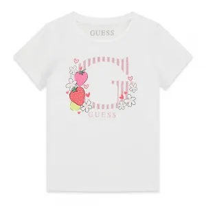 Бяла тениска за мини момиче с розово G и ягодки Guess