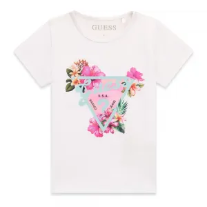 Бяла тениска за мини момиче със синьо лого Guess и цветя