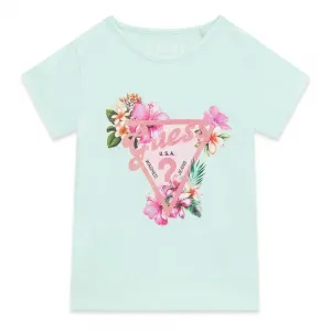 Ментова тениска за мини момиче с розово лого Guess и цветя