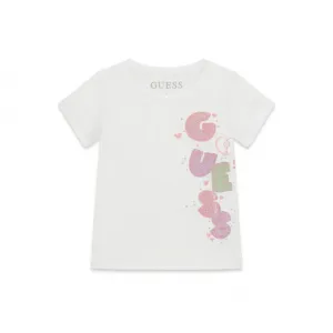 Бяла тениска за мини момиче с цветен надпис Guess с глитери