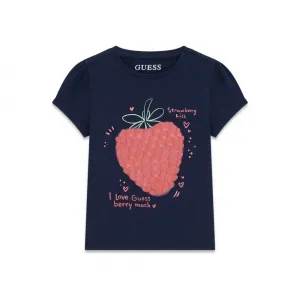 Тъмно синя тениска за мини момиче с текстилна ягодка Guess